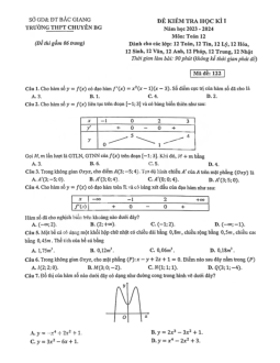 Đề học kì 1 Toán 12 năm 2023 – 2024 trường THPT chuyên Bắc Giang