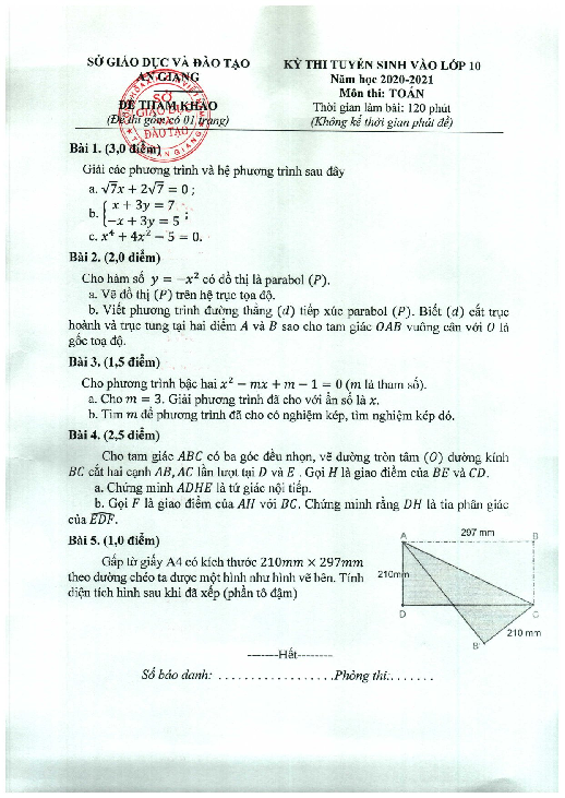 Đề tham khảo Toán tuyển sinh lớp 10 năm 2020 – 2021 sở GD&ĐT An Giang