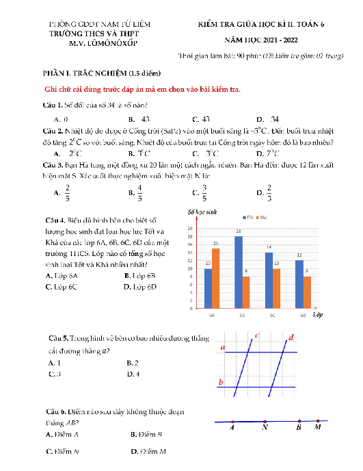 Đề thi giữa học kì 2 Toán 6 năm 2021 – 2022 trường M.V. Lômônôxốp – Hà Nội