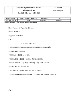 Đề thi cuối kỳ nguyên lý kế toán