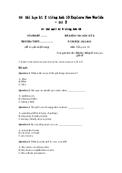 Đề thi học kì 2 môn Tiếng Anh 10 năm 2022 - 2023 sách Explore Our World | đề 1