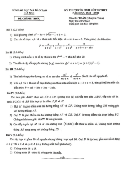 Đề tuyển sinh lớp 10 môn Toán (chuyên Toán) năm 2022 – 2023 sở GD&ĐT Hà Nội