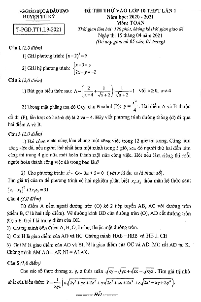 Đề thi thử Toán vào lớp 10 lần 1 năm 2020 – 2021 phòng GD&ĐT Tứ Kỳ – Hải Dương