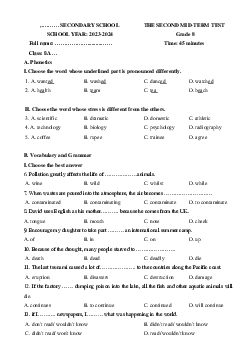 Đề thi giữa học kì 2 môn Tiếng Anh 8 năm 2023 - 2024 sách Kết nối tri thức với cuộc sống - Đề 2