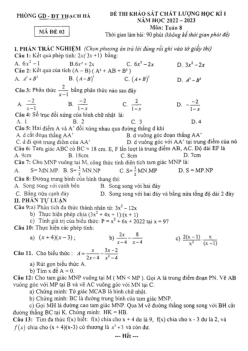 Đề học kì 1 Toán 8 năm 2022 – 2023 phòng GD&ĐT Thạch Hà – Hà Tĩnh
