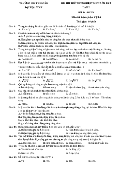 Đề thi thử THPT Quốc gia 2022 môn Vật Lí lần 2 trường THPT Chuyên Đại học Vinh (có đáp án)