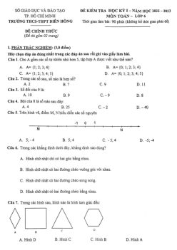 Đề học kỳ 1 Toán 6 năm 2022 – 2023 trường THCS – THPT Diên Hồng – TP HCM
