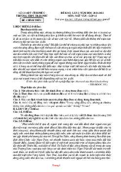 Đề thi KSCL Ngữ Văn 12 năm 2022 Trường THPT Trần Phú lần 2 (có đáp án)