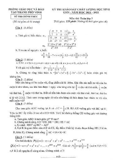 Đề KSCL HSG huyện Toán 7 năm 2021 – 2022 phòng GD&ĐT Nghi Lộc – Nghệ An