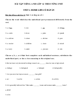 Bộ bài tập Unit 1 lớp 12 Home life có đáp án