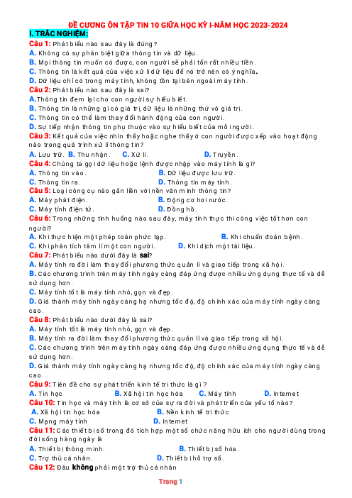 Đề cương ôn tập giữa học kỳ 1 Tin 10 Kết nối tri thức