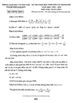 Đề học sinh giỏi Toán 8 năm 2022 – 2023 phòng GD&ĐT Sầm Sơn – Thanh Hóa