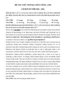 Đề thi thử THPT Quốc gia năm 2021 môn Tiếng Anh trường THPT Chuyên Bắc Ninh lần 2 (có đáp án)