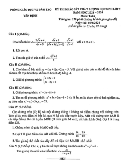 Đề khảo sát Toán 9 năm 2023 – 2024 phòng GD&ĐT Yên Định – Thanh Hóa