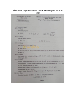 Đề thi học kì 1 lớp 9 môn Toán Sở GD&ĐT Vĩnh Long năm học 2018 - 2019