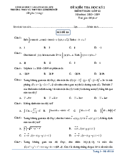Đề kiểm tra học kỳ 2 Toán 12 năm 2018 – 2019 trường M.V Lômônôxốp – Hà Nội