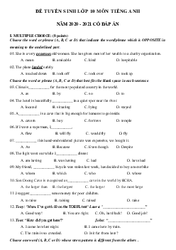 Đề thi tuyển sinh lớp 10 môn Anh số 15 năm 2020-2021