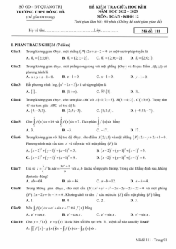 Đề giữa học kì 2 Toán 12 năm 2022 – 2023 trường THPT Đông Hà – Quảng Trị