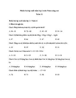 Phiếu bài tập cuối tuần lớp 2 môn Toán sách Kết nối - Tuần 11 (nâng cao )