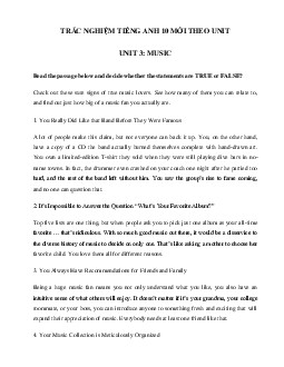 Trắc nghiệm Reading tiếng Anh lớp 10 Unit 3 Music | Global Success