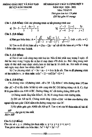 Đề KSCL Toán 9 đợt 3 năm 2020 – 2021 phòng GD&ĐT Kim Thành – Hải Dương