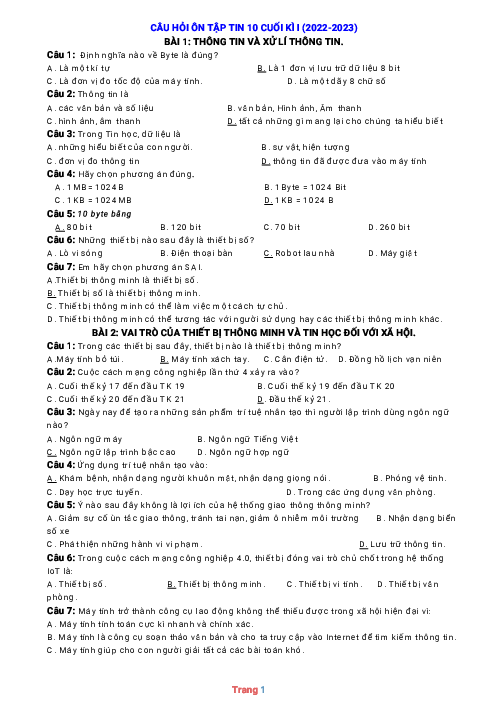 Bộ trắc nghiệm ôn thi HK1 Tin 10 năm 2022-2023 có đáp án