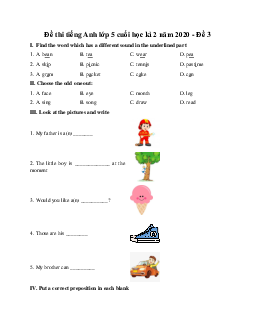 Đề thi tiếng Anh lớp 5 cuối học kì 2 năm 2020 - Đề 3