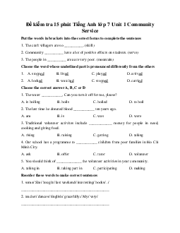 Đề kiểm tra 15 phút Tiếng Anh lớp 7 Unit 3 Community Service