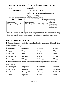 Đề thi Tuyển sinh vào lớp 10 THPT Chuyên, Điện biên năm 2019-2020