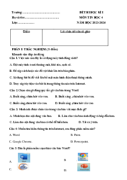 Đề thi học kì 1 môn Tin học 4 năm 2023 - 2024 sách Chân trời sáng tạo | đề 1