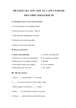 Đề kiểm tra tiếng Anh lớp 5 giữa kì 1 năm 2020 - 2021 số 3