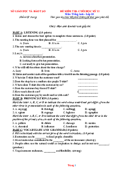 Đề ôn tập Tiếng Anh 10 HK2 năm 2022 (Đề 1) (có đáp án)