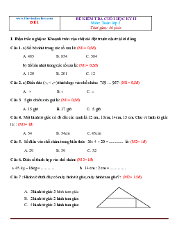 Bộ đề thi môn Toán lớp 2 học kỳ 2 (có đáp án )