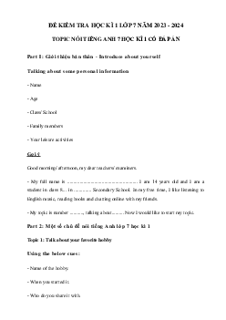 Đề thi nói Tiếng Anh lớp 7  học kì 1 2023- 2024