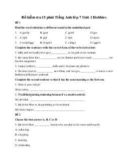 Đề kiểm tra 15 phút Tiếng Anh lớp 7 Unit 1 Hobbies