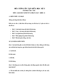Đề cương ôn tập giữa học kì 1 môn Giáo dục Kinh tế và Pháp luật 11 sách Chân trời sáng tạo