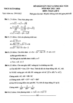 Đề khảo sát đầu năm Toán 9 năm 2022 – 2023 trường THCS Xuân Đỉnh – Hà Nội