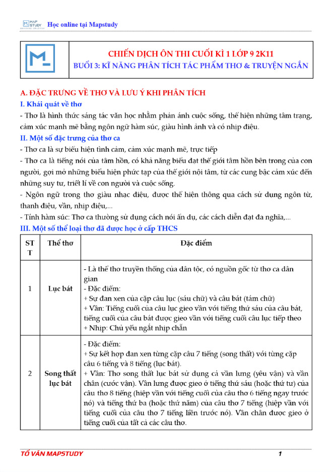 Tài liệu ôn thi Ngữ Văn ôn cuối kì 1 lớp 9