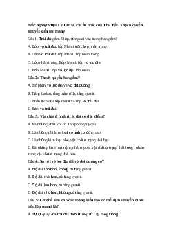 Trắc nghiệm Địa Lý 10 bài 7: Cấu trúc của Trái Đất. Thạch quyển. Thuyết kiến tạo mảng