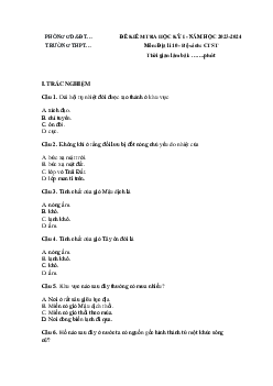 Đề thi học kì 1 môn Địa lí 10 năm 2023 - 2024 sách Chân trời sáng tạo đề 2