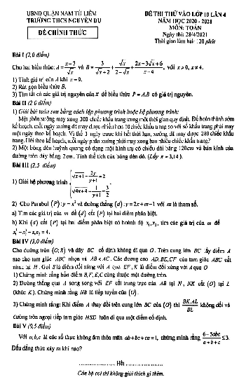 Đề thi thử Toán vào lớp 10 lần 4 năm 2020 – 2021 trường Nguyễn Du – Hà Nội