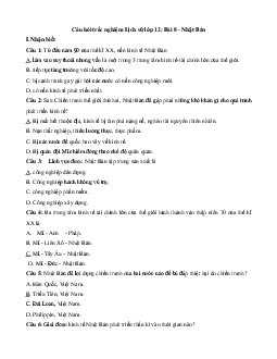 Câu hỏi trắc nghiệm Lịch Sử lớp 12: Bài 8 - Nhật Bản