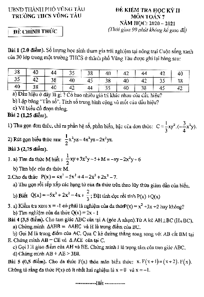 Đề thi học kỳ 2 Toán 7 năm 2020 – 2021 trường THCS Vũng Tàu – BR VT