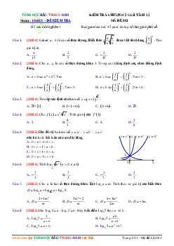Bộ đề kiểm tra chương 2 Giải tích 12 có đáp án và lời giải chi tiết