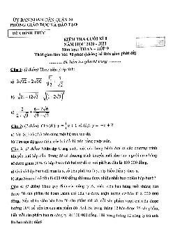 Đề thi cuối HK1 Toán 9 năm 2020 – 2021 phòng GD&ĐT Quận 10 – TP HCM