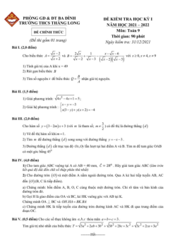 Đề thi học kỳ 1 Toán 9 năm 2021 – 2022 trường THCS Thăng Long – Hà Nội
