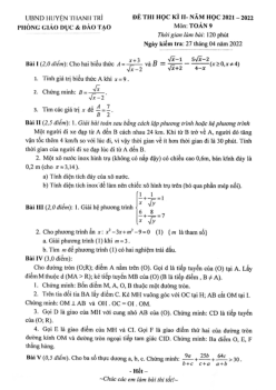 Đề thi học kì 2 Toán 9 năm 2021 – 2022 phòng GD&ĐT Thanh Trì – Hà Nội