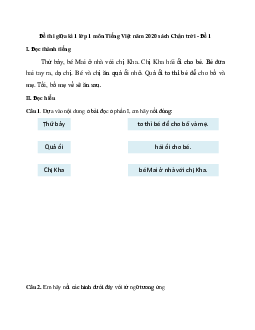 Đề thi giữa kì 1 lớp 1 môn Tiếng Việt năm 2020 sách Chân trời - Đề 1