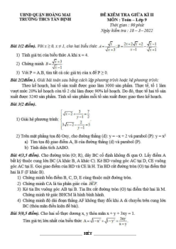 Đề kiểm tra giữa kì 2 Toán 9 năm 2021 – 2022 trường THCS Tân Định – Hà Nội