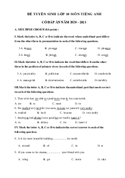 Đề thi tuyển sinh lớp 10 môn Anh có đáp án số 1 năm 2021